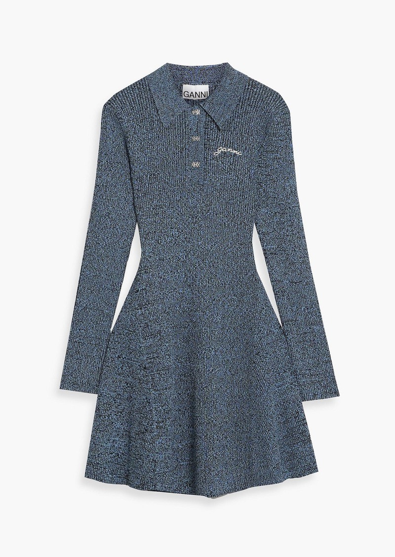 GANNI - Marled ribbed-knit mini shirt dress - Blue - XXXL