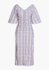 GANNI - Ruched checked cotton-blend seersucker midi dress - Purple - DE 32