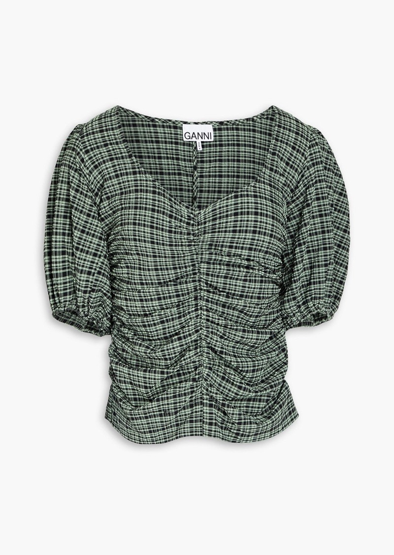 GANNI - Ruched checked seersucker top - Green - DE 36