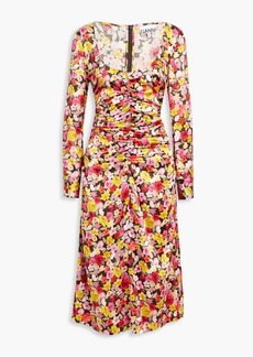 GANNI - Ruched floral-print silk-blend satin midi dress - Multicolor - DE 36