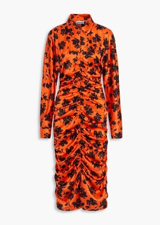 GANNI - Ruched floral-print silk-blend satin midi shirt dress - Orange - DE 36