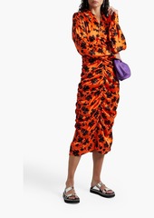 GANNI - Ruched floral-print silk-blend satin midi shirt dress - Orange - DE 36