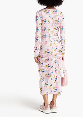 GANNI - Ruched floral-print stretch-silk satin midi dress - Pink - DE 32