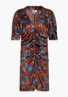 GANNI - Ruched floral-print stretch-silk satin mini dress - Brown - DE 32