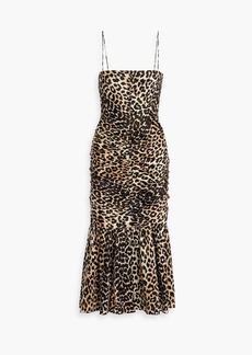 GANNI - Ruched leopard-print silk-blend satin midi dress - Animal print - DE 36