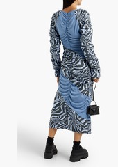 GANNI - Ruched printed cotton-poplin and jersey midi dress - Blue - DE 32