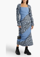 GANNI - Ruched printed cotton-poplin and jersey midi dress - Blue - DE 32