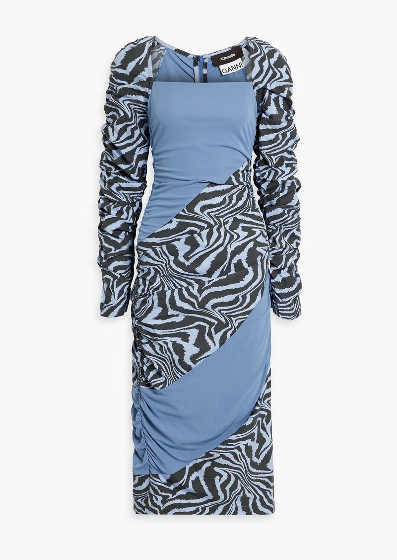 GANNI - Ruched printed cotton-poplin and jersey midi dress - Blue - DE 32