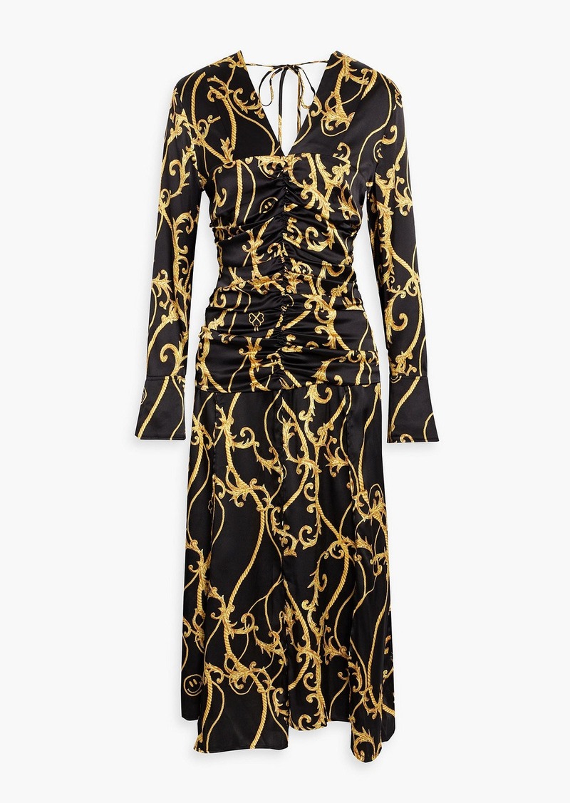 GANNI - Ruched printed silk-blend satin midi dress - Yellow - DE 36