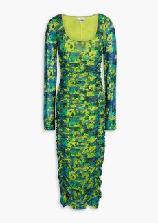 GANNI - Ruched printed stretch-mesh midi dress - Green - DE 34