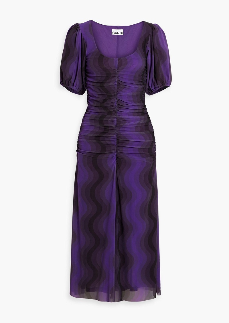 GANNI - Ruched printed stretch-mesh midi dress - Purple - DE 36
