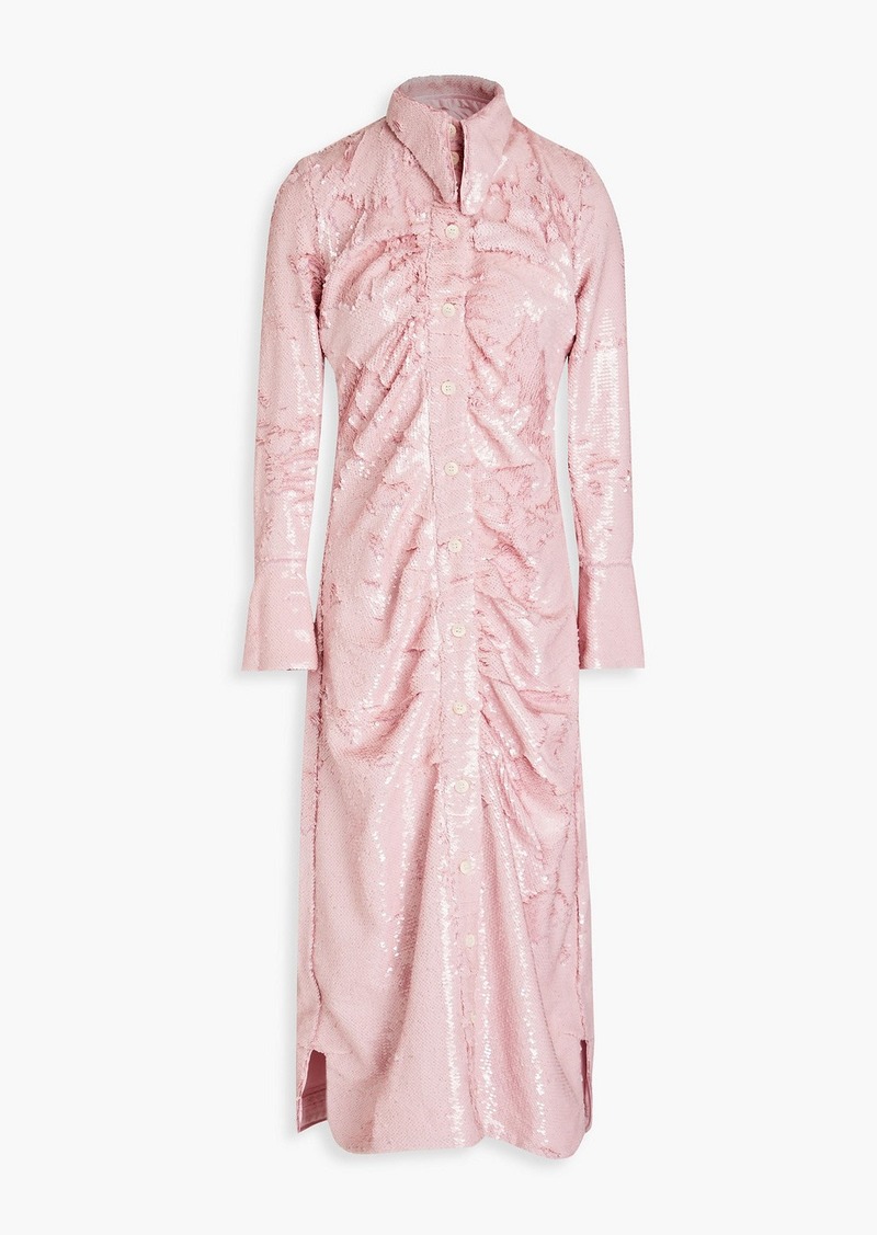 GANNI - Ruched sequined georgette midi shirt dress - Pink - DE 32
