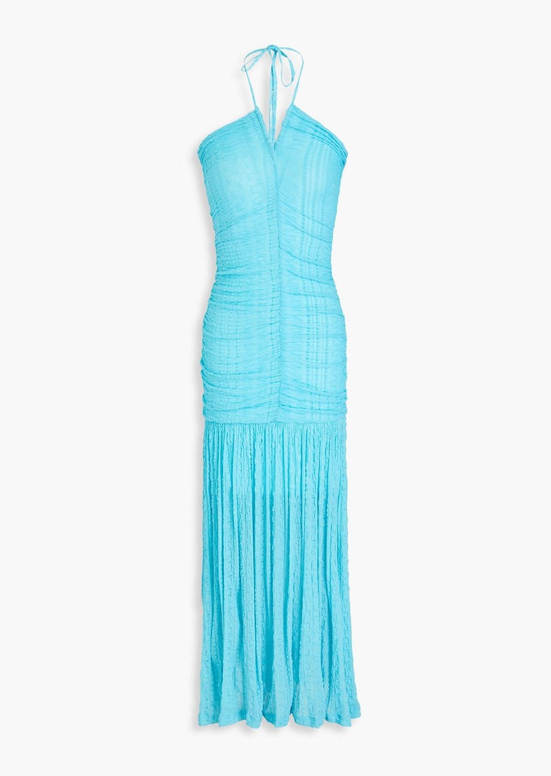 GANNI - Ruched textured-knit halterneck maxi dress - Blue - DE 32