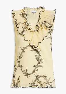 GANNI - Ruffled floral-print plissé-chiffon top - Yellow - DE 42