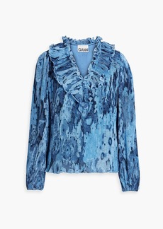 GANNI - Ruffled printed plissé-chiffon blouse - Blue - DE 36
