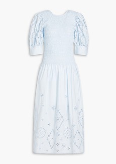 GANNI - Shirred broderie anglaise cotton midi dress - Blue - DE 38