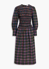 GANNI - Shirred checked cotton-blend seersucker midi dress - Multicolor - DE 40