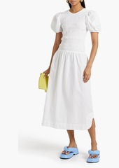 GANNI - Shirred cotton-poplin midi dress - White - DE 44