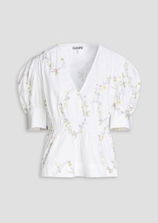 GANNI - Shirred floral-print cotton-poplin blouse - White - DE 36