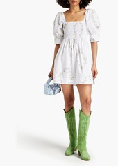 GANNI - Shirred floral-print cotton-poplin mini dress - White - DE 42