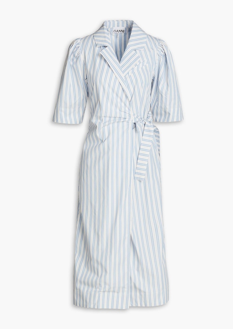GANNI - Striped cotton-poplin midi wrap dress - Blue - DE 38