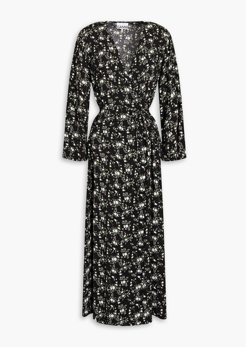 GANNI - Tie-front floral-print crepe midi wrap dress - Black - DE 42
