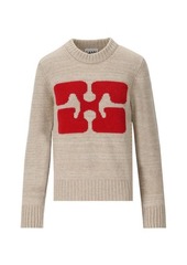 GANNI  BEIGE CREWNECK JUMPER WITH LOGO