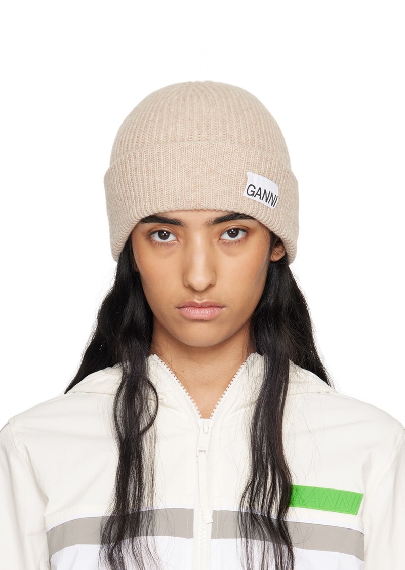 GANNI Beige Fitted Wool Rib Knit Beanie