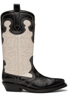 GANNI Black & Off-White Embroidered Western Boots
