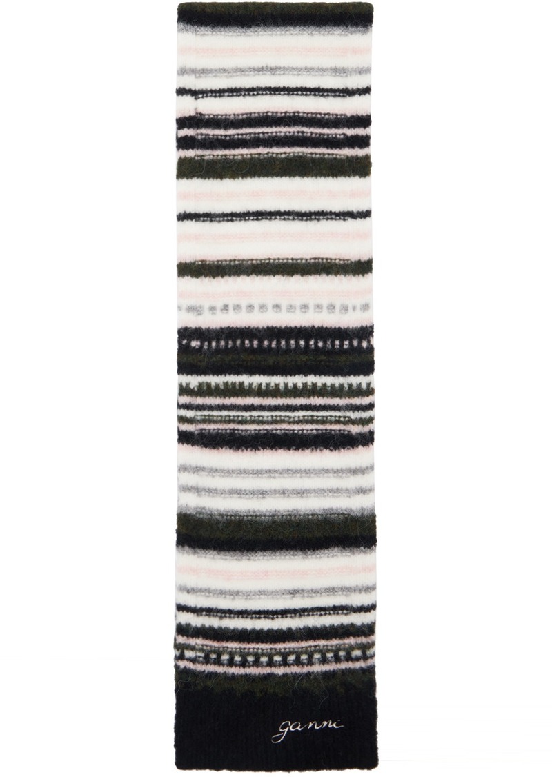 GANNI Black & White Striped Wool Scarf