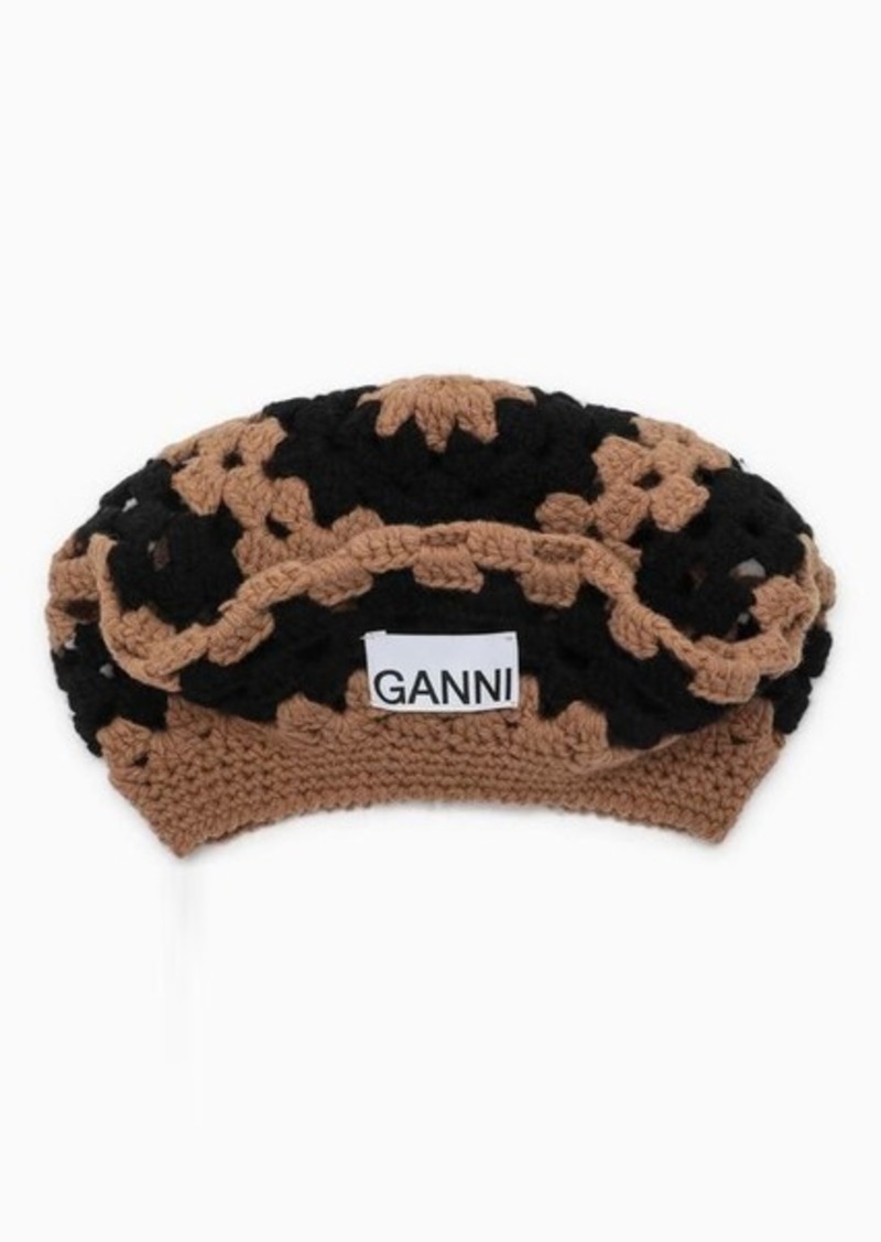 GANNI Black/hazelnut crochet hat