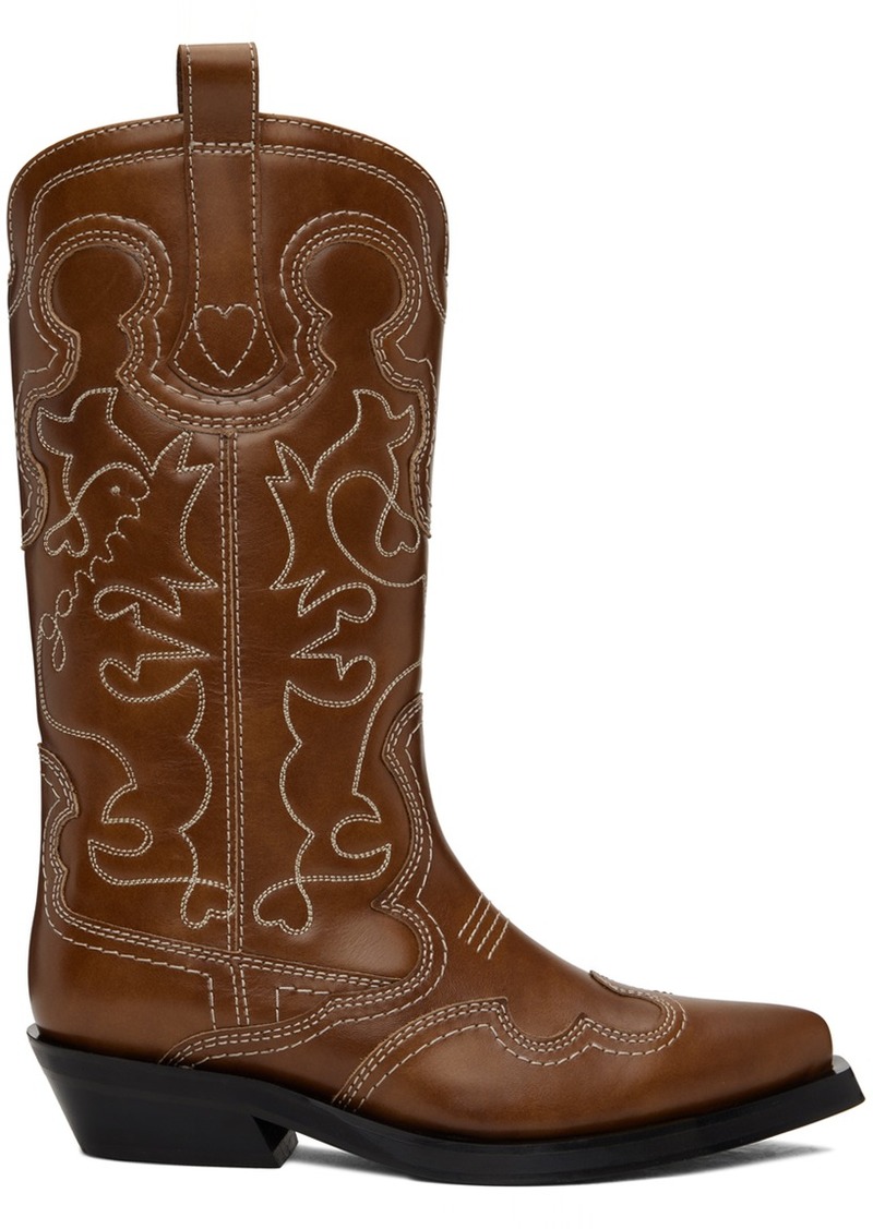 GANNI Brown Mid Shaft Embroidered Western Boots