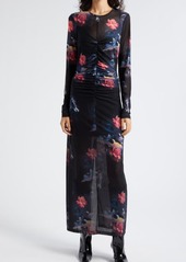 Ganni Floral Celestial Print Long Sleeve Mesh Maxi Dress