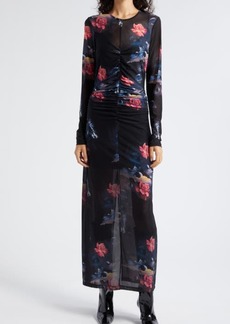 Ganni Floral Celestial Print Long Sleeve Mesh Maxi Dress