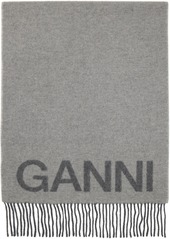 GANNI Gray Fringed Wool Scarf