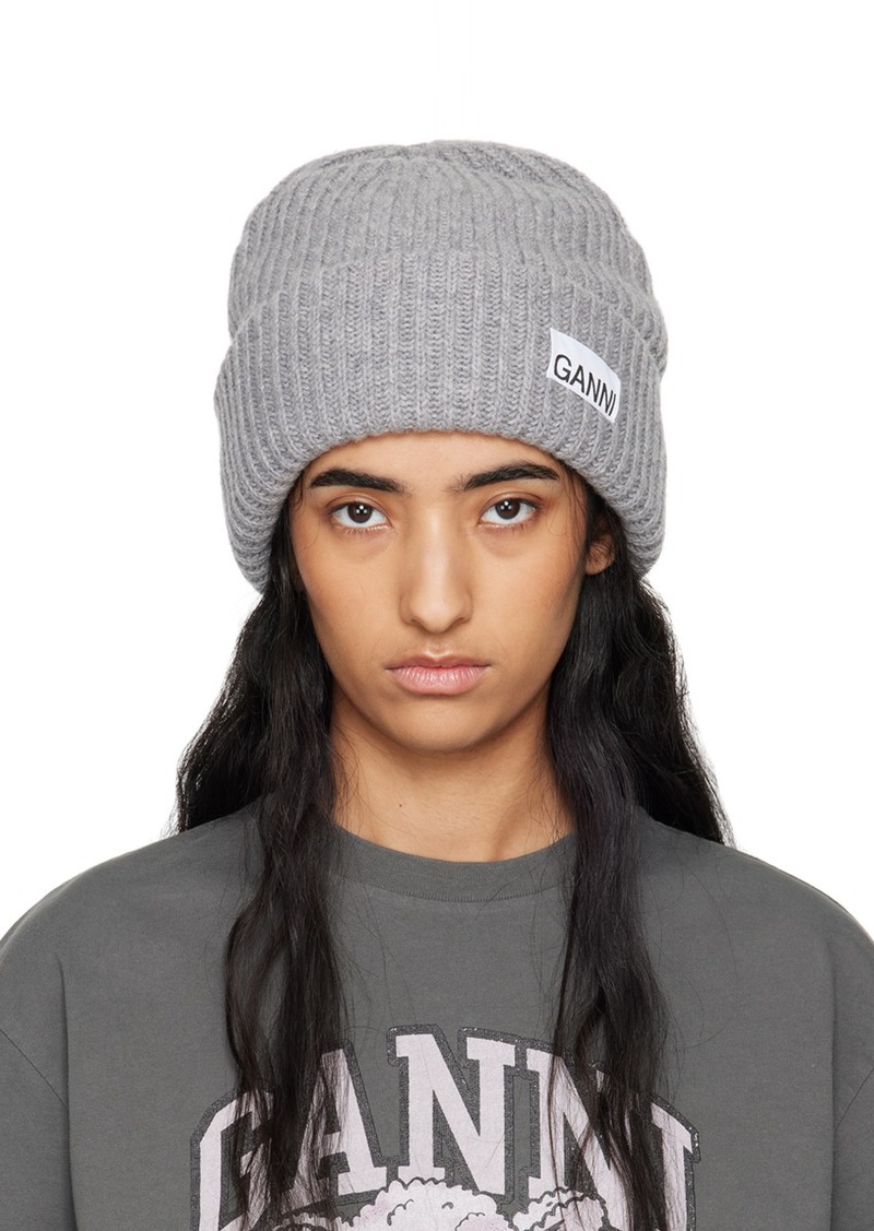 GANNI Gray Oversized Wool Rib Knit Beanie