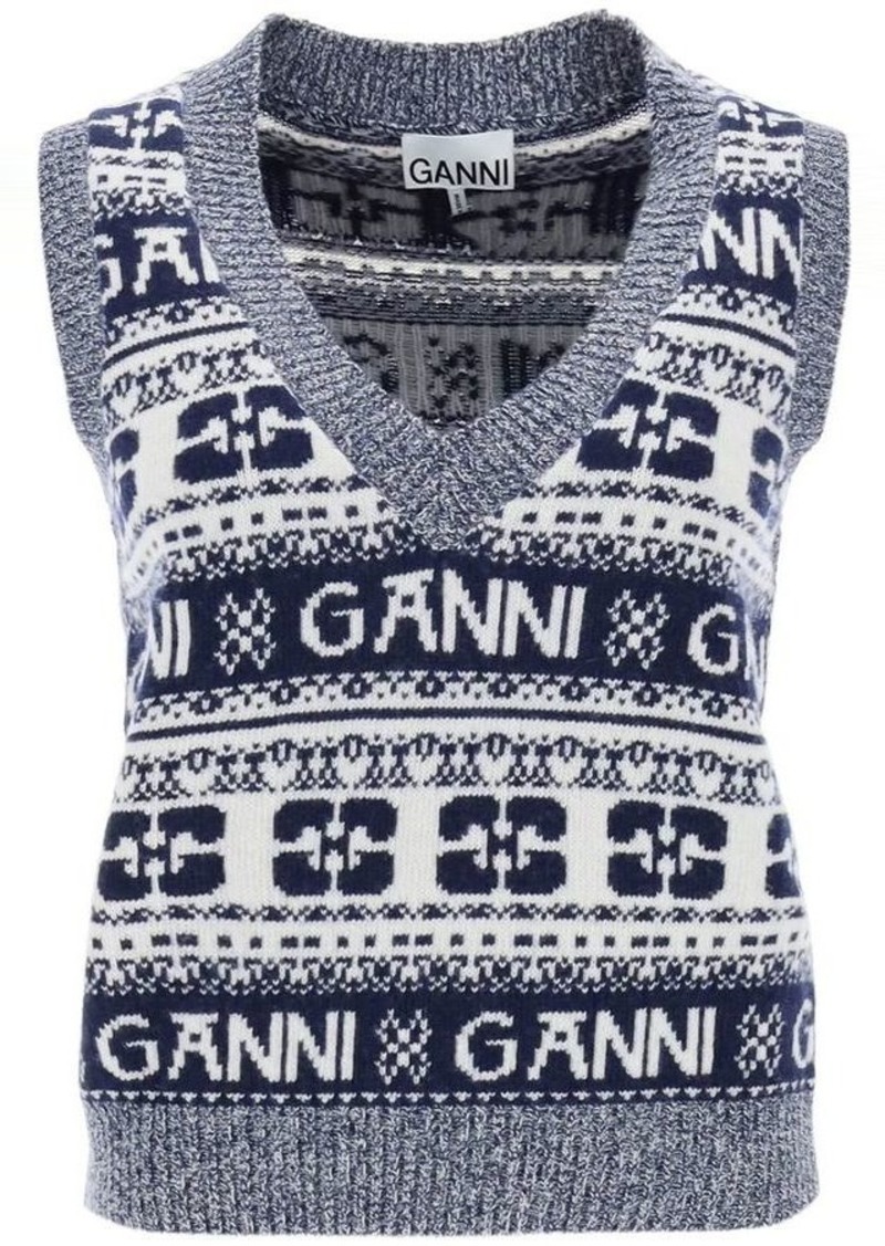 Ganni jacquard wool vest with logo pattern