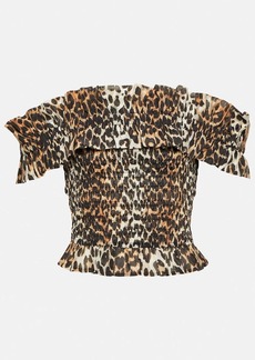 Ganni Leopard-print off-shoulder voile top