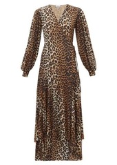 Ganni Leopard-print stretch-mesh wrap dress
