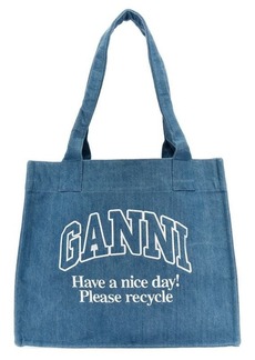 GANNI Logo embroidery denim shopping bag