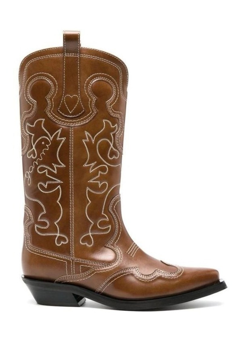 GANNI MID SHAFT EMBROIDERED WESTERN BOOT SHOES