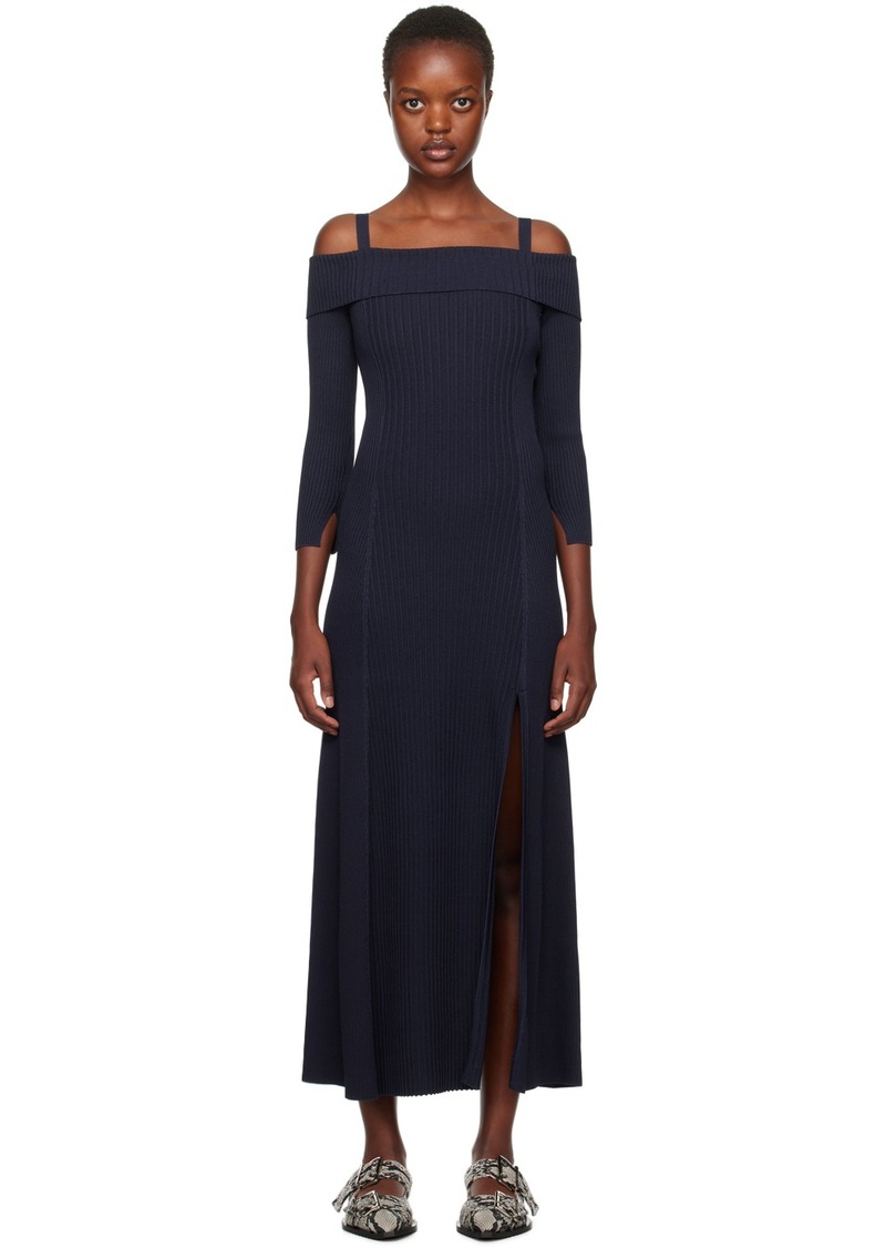 GANNI Navy Off-The-Shoulder Maxi Dress