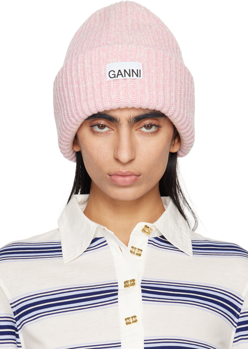 GANNI Pink Oversized Wool Rib Knit Beanie