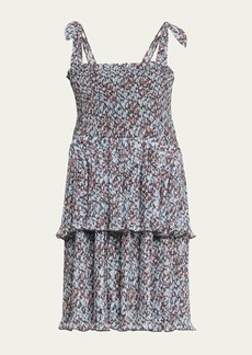Ganni Pleated Georgette Tie-Shoulder Smock Mini Dress