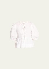 Ganni Poplin Front-Tie Peplum Blouse with Puffed-Sleeves