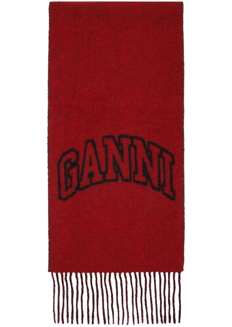 GANNI Red Fringed Wool Scarf