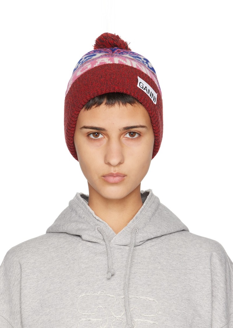 GANNI Red Graphic Wool Beanie