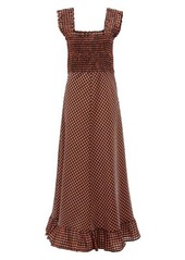 Ganni Shirred-bodice gingham-seersucker maxi dress