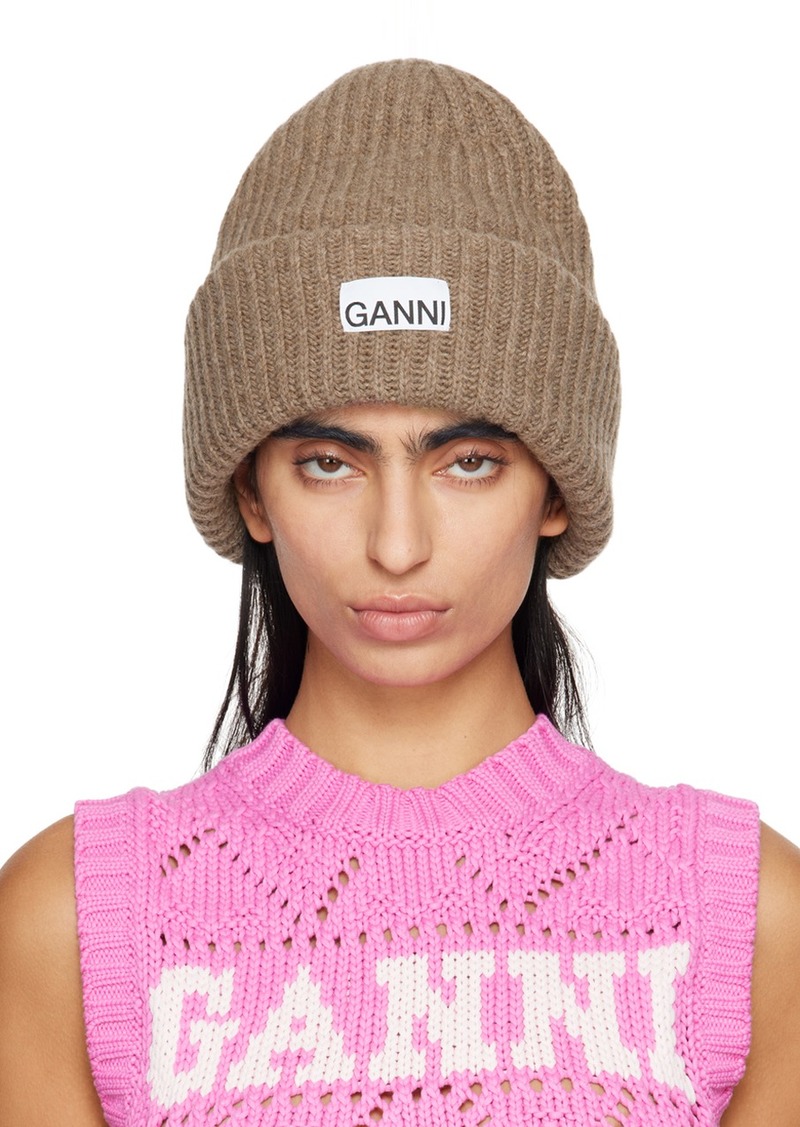 GANNI Taupe Oversized Wool Rib Knit Beanie