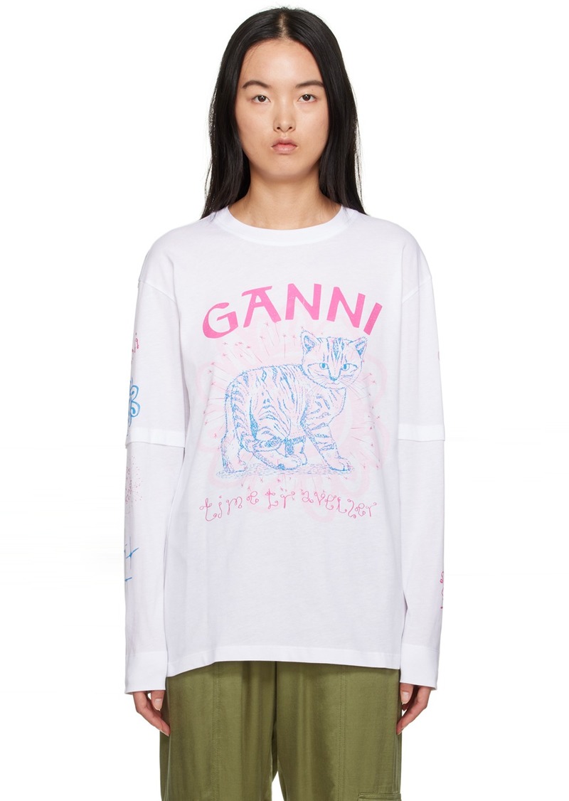 GANNI White Printed Long Sleeve T-Shirt